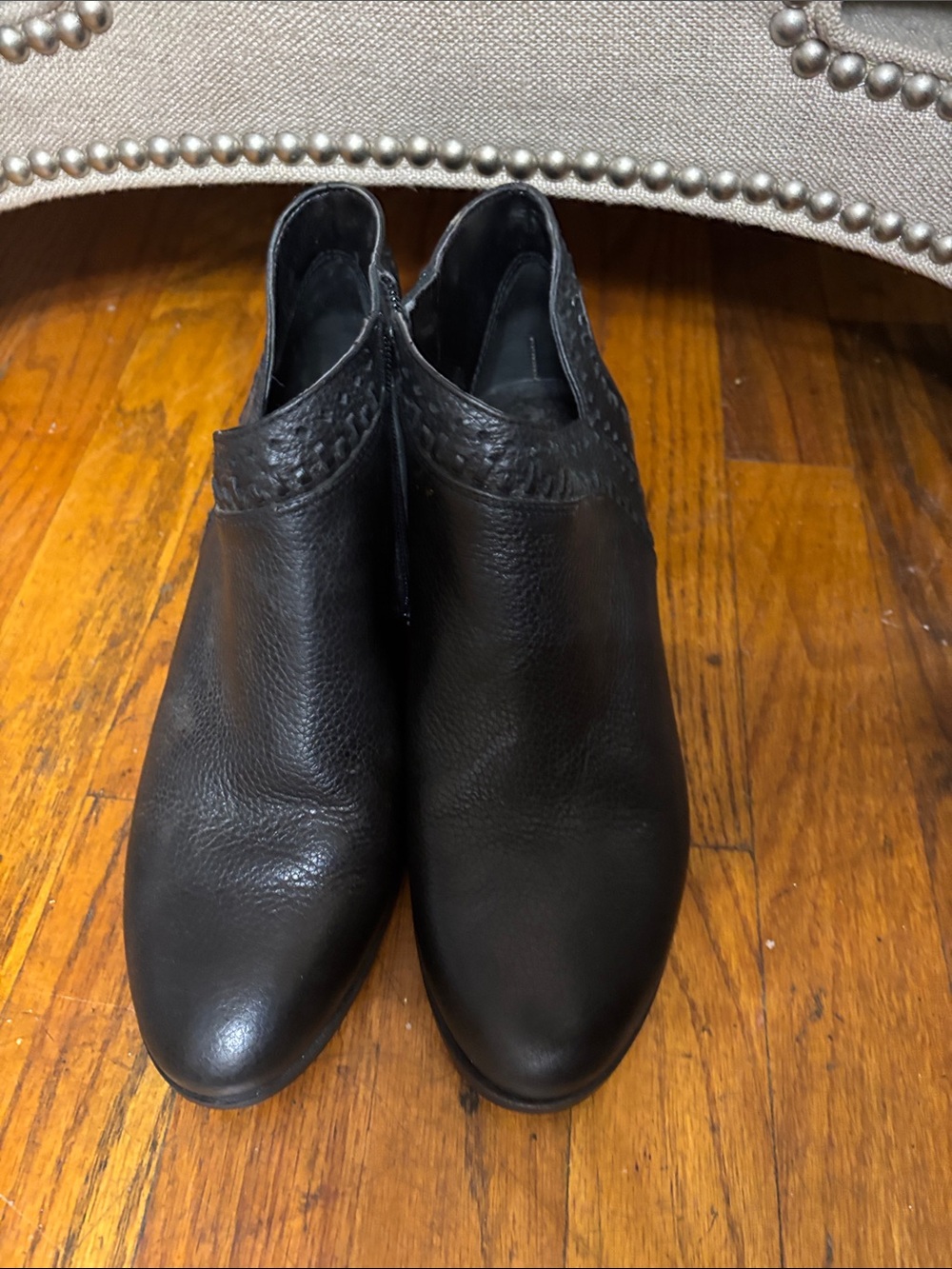 Vince Camuto Black Leather Ankle Booties with Basketweave Collar